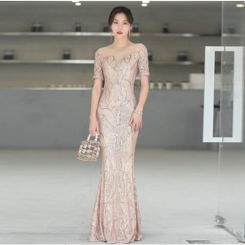 Sequins Evening Dresses O-Neck Short Sleeves Mermaid Floor-length Beads Bling Lace Plus size Customized Woman Formal Dress C093