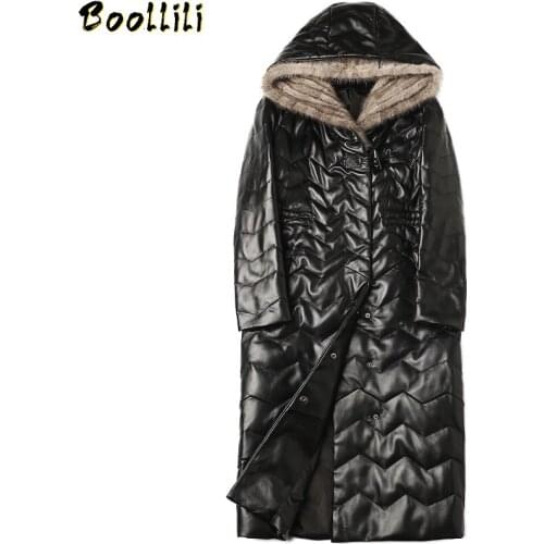 Boollili 100% Real Sheepskin Coat Women Genuine Leather Winter Down Jacket Mink Fur Collar Long Leather Jackets