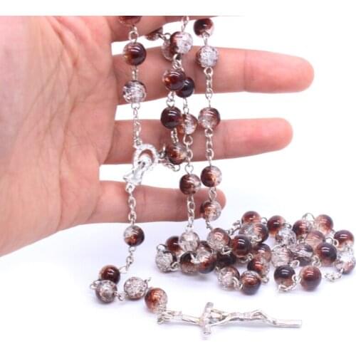 Rosary Necklace Jesus Christ Cross Pendant Necklaces Round Alloy Bead Long ChainX3UC