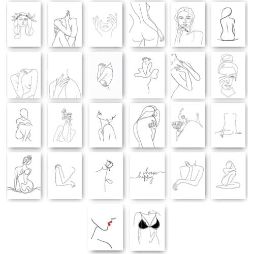 Wall Art Nordic Poster Minimalist Style Line Draw Woman with Flowers Posters and Prints Canvas Painting Sexy Woman Home Decor