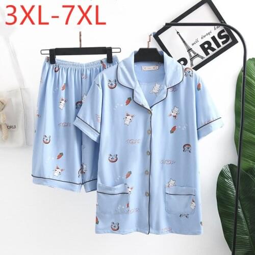 New 2021 Ladies Summer Plus Size Pajamas For Women Large Short Sleeve Loose Blue Shirt And Shorts Home Wear Sets 3XL 4XL 5XL 6XL