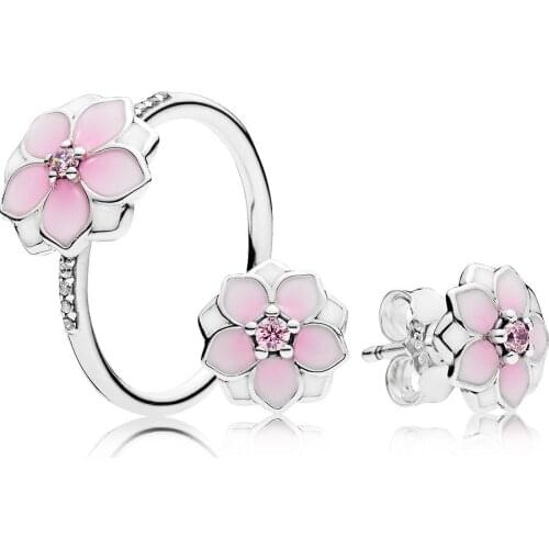NEW 2017 100% 925 Sterling Silver Magnolia Bloom Spring Flowers Ring Gift Set Charms rings Fit DIY Original Jewelry A Set