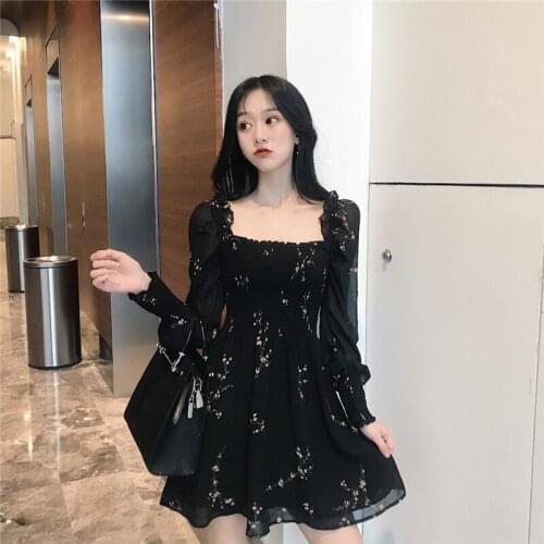 2020 Autumn Korean Temperament Dress Sexy One-word Collar Small Floral Slim Slim Chiffon Skirt Fashionable Womens Clothing