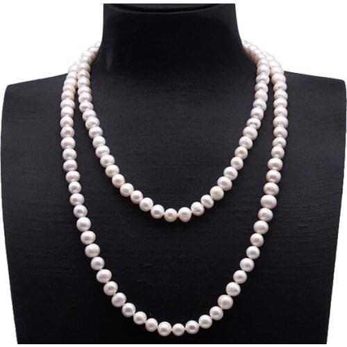 33inch 85CM Women Jewelry natural pearl 7x8mm white pearl handmade necklace Natural freshwater pearl gift