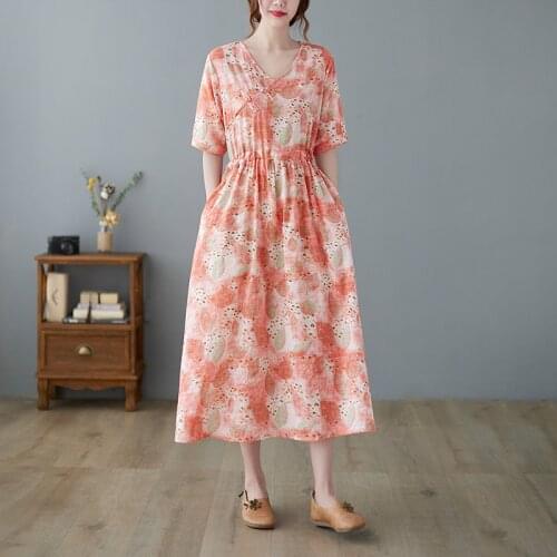 Thin Soft Cotton Linen Loose Summer Dress Print Floral Prairie Chic Vintage Dress Holiday Travel Casual Women Beach Style Dress