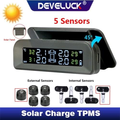 DEVELUCK car tire pressure monitoring system solar adjustable LCD screen automatic brightness control wireless 5 tire TPMS USB