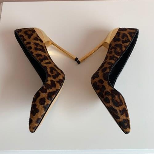 Free shipping sexy lady fashion leopard horse hair point Toe high Heels shoes pumps party shoes