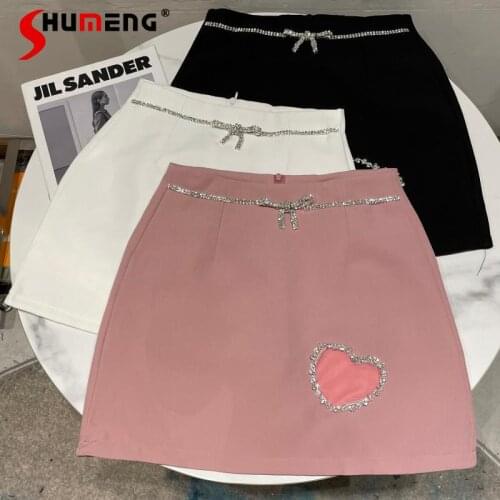 2021 Summer and Autumn New Heart Shape Rhinestone Hollow out Drill Chain A- line Skirt Skirt Womens Skirt