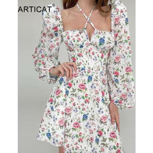Articat Floral Print A-line Dress Women Lantern Sleeve Halter Fashion Beach Sundress Square Collar Backless Bandage Dresses 2021