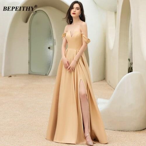 BEPEITHY Off Shoulder Gold Long Prom Dress Party Elegant For Women 2020 Sexy High Slit V Front Evening Gown Sleeveless New