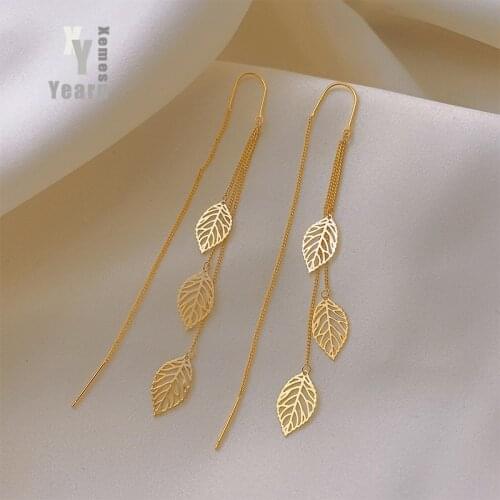 European and American Temperament Gold Leaves Tassels Long Earrings For Woman‘s Unusual Accessories Korean Girls Fashion Jewelry