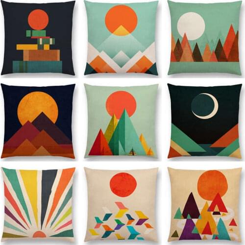 Hot Sale Great Sun Moon Colorful Mountain Gold Peaks Rivers Geometric Abstract Pattern Colorful Retro Cushion Sofa Throw Pillow