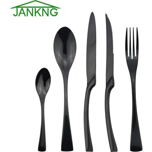 JANKNG 20Pcs 18/10 Stainless Steel Dinnerware Set Black Dinner Spoon Fork Knife Cutlery Set Tableware Set Service For 4