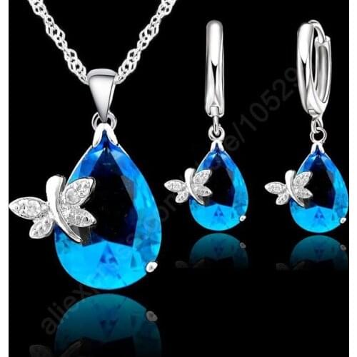 Fine Water Drop Austrian Crystal Bridal Wedding Jewelry Sets For Women 925 Sterling Silver Necklaces Earrings Set Gift