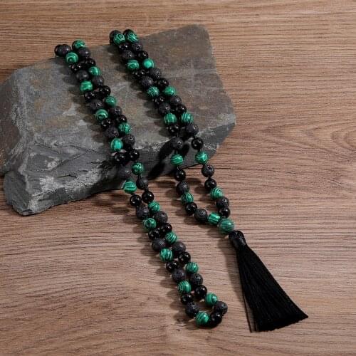 Malachite & Black Onyx & Volcanic Stone 108 Mala Beads Knotted Long Necklace Women Charm Fashion Tassel Jewelry Friendship Gift