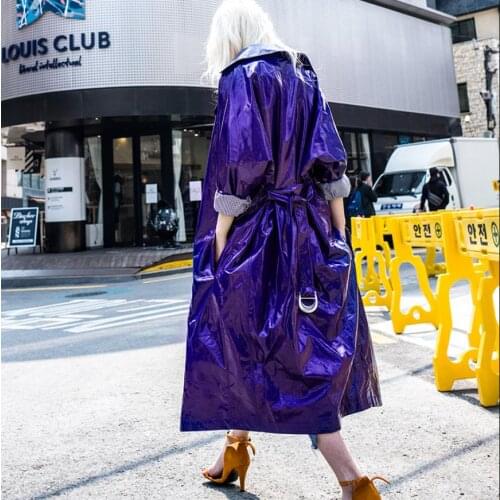 Fashion brand glossy patent leather jackets longer shiny leather jackets female elegant purple long sleeve leather jacket wj2832