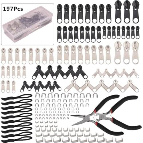 197 Pcs Zipper Repair Kit Zipper Replacement Pull Rescue with Zipper Install Pliers Tool & Extension Pulls for Luggage Clothing