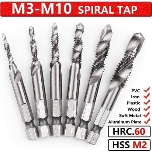 6Pcs M3-M10 Combination Drill Sprial Tap Bit Set HSS M2 Titanium Coated 1/4'' Hex Shank Thread Cutter Countersink Metric Tap Bit