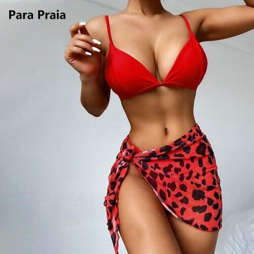 Para Praia New 2021 Sexy Three Pieces Bikini With Cover Up Swimsuit Women Swimwear Leopard Brazilian Bikini Bathing Suit Summer