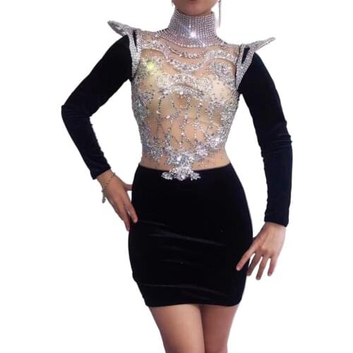 New Flashing Silver Rhinestone Dress Black Velvet Stitching Leotard Birthday Celebrate Costume Dancer Tassels Dress Stage Wear