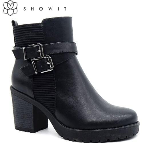 Fall-winter womens ankle boots High-quality fashion high heel sofety platform footwear Autumn buckle cross strap ladys shoes