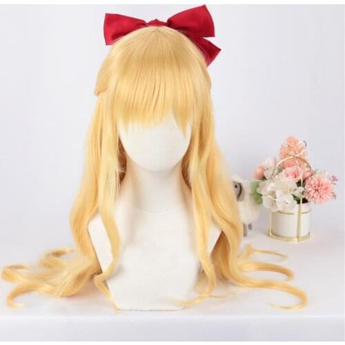 Sailor Venus Cosplay Wigs Minako Aino Cosplay Wig Golden Long 80cm Curly Heat Resistant Synthetic Hair With Red Bow + wig cap