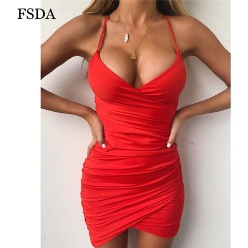 FSDA Deep V Neck Bodycon Dress Backless Sexy Ruched Side Slit Back Cross Spaghetti Strap Women Summer Club Mini Dresses Party