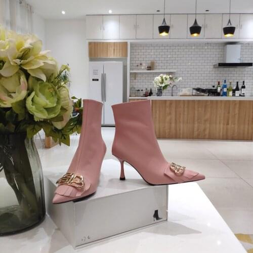 2021 Newest Winter Shoes Woman Sexy Genuine Leather Ankle Boots Woman Metal Decora Boots Woman Pointed-Toes Spike Heels Boots