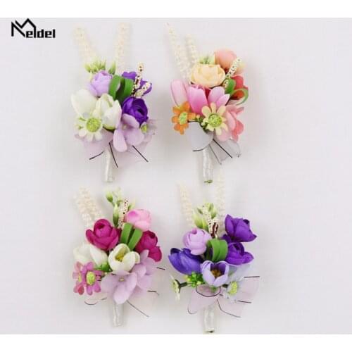 Meldel Wedding Boutonniere Wrist Corsage Men Brooch Pins Bridesmaid Bracelet Groomsmen Boutonniere Prom Suit Wedding Accessories