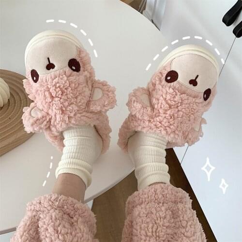 Shoes for Women 2021 Cartoon Animal Slippers for Woman Faux Fluffy Fur Upper Antislip Cover Toe House Winter Flat Shoes