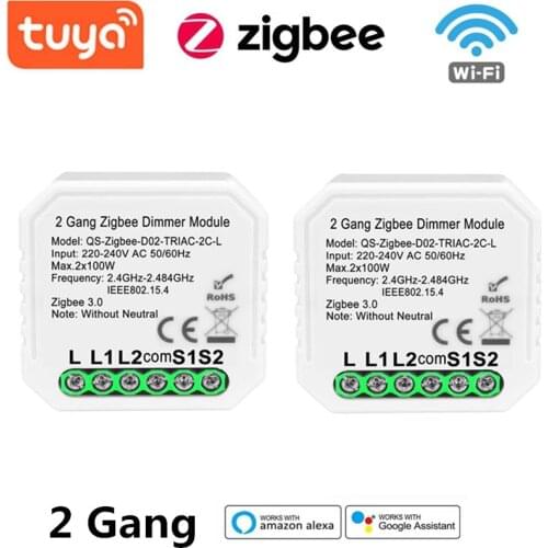 ZigBee Tuya Wifi Smart Switch Dimmer Module Breaker 2Gang No Neutral Wire Voice Remote Control Work With Alexa Google