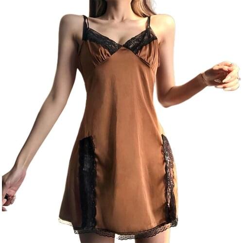 Vintage Sexy Mini Dress Nightdress Hollowed Lace Drawstring Dresses Lingerie Women Sleeveless V Neck Trim Kawaii Sleepwear