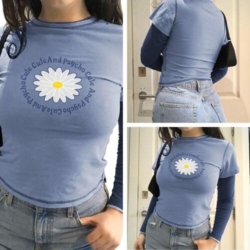 Women Casual Long Sleeve T-shirt Blue Korean Slim Long Sleeve Round Collar Letters and Floral Printed Pattern Tops Spring Tees