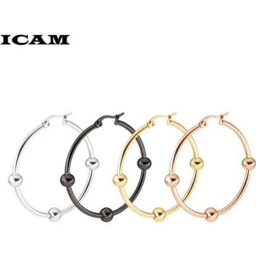 ICAM Women Stainless Steel Hoop Earring 20/30/40/50/60mm Round Circle Loop Gifts Box Packing Simple Silver Ball Hoop Earrings