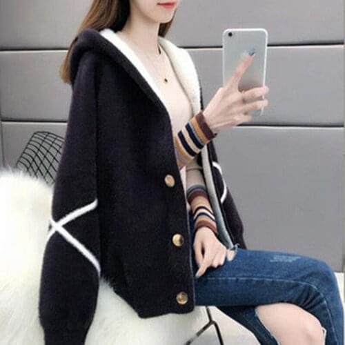 Women Knitted Sweater Cardigan Autumn Winter Long Sleeve V Neck Jumper Cardigans Velvet Coat Warm Imitation Mink Casual