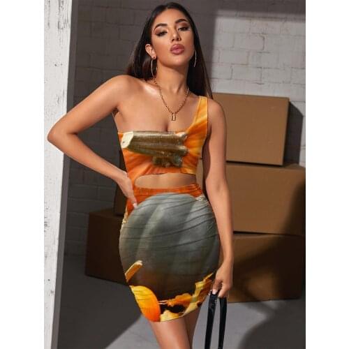 Giyu Brand Pumpkin Dresses Women Halloween Vestido Sexy Corn Pleating Novel 3d Print Womens Clothing Party Short Korean Style