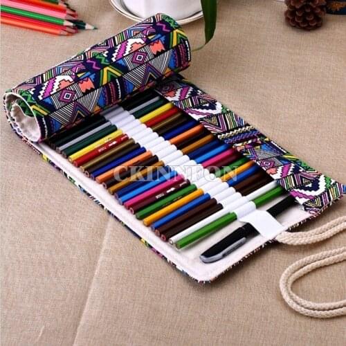100Pcs/Lot 36/48/72 Holes Canvas Wrap Roll Up Pencil Pen Bag Holder Case Storage Pouch