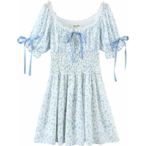 2021 Summer Dress Lace Up Slim Bow Tie Square Collar Elastic Waist Sweet Mini Dress Floral Print A Line Vestidos Mujer