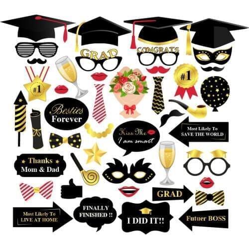44pcs Happy Graduation Bachelor Cap Photobooth Props Party Decoration Champagne Flower Grad Photobooth Props Party Supplies