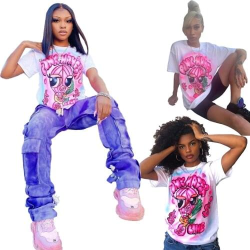 AR5437 Europe and the United States 2021 sexy womens fashion white cartoon print T-shirt casual top