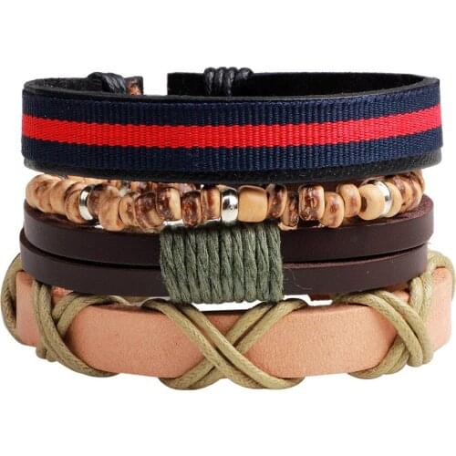 4pcs/set Handmade Best Unique Punk Vintage Genuine Leather Hemp Rope PU Braided Multicolor Men Bracelets Women Casual Jewelry