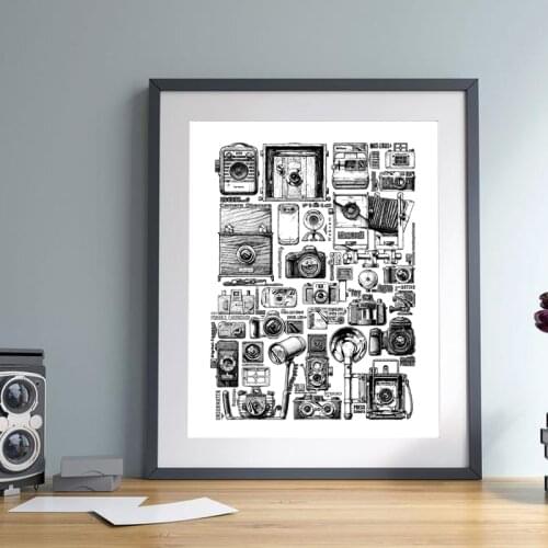 Black White Vintage Camera Collection Illustrations Posters Prints Canvas Painting Wall Art Pictures Living Room Home Decor