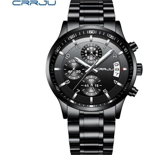 CRRJU Brand Men Chronograph Luxury Waterproof Watches,Fashion Black Business Stainless Steel Clock For Men relogio masculino