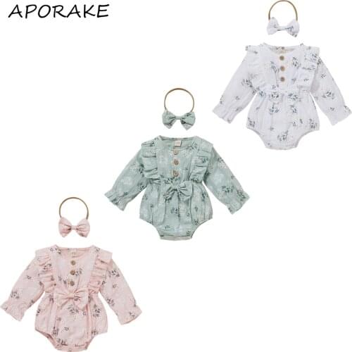 2021 0-18M Sweet Infant Baby Girl Playsuit Button Floral Print Ruffle Long Sleeve Bow Tunic Romper+Headband Spring Fall 2pcs