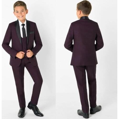 YIWUMENSA Handsome Formal Boys Suits For Wedding 3 Pieces Black Peaked Lapel Purpel Jacket+Vest+Pant Business Children Blazer