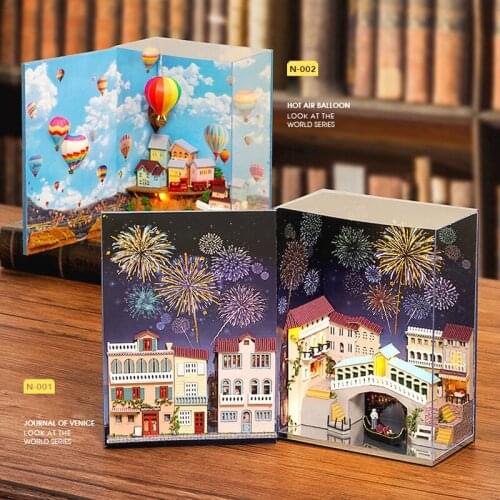 DIY Miniature Dollhouse Hot Air Balloon Wooden Furniture Dollhouse LED Light Toys for Children Birthday Gifts Mini Book Series