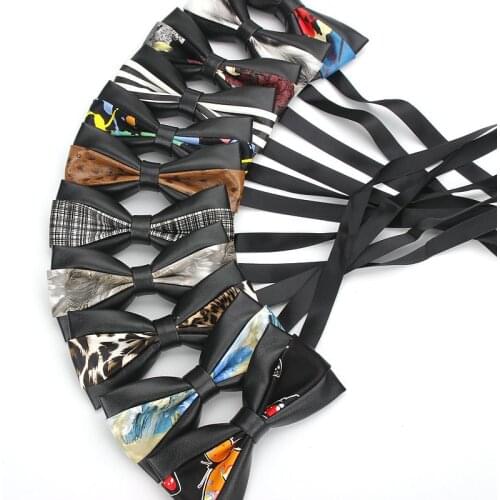 Mens BowTie PU leather Striped Fashion Business Wedding Necktie black Men Dress Cravats Accessories Hand Made bow tie Butterfly