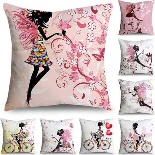 Sweet Pink Flower Fairy Pattern Pillowcase 45 X 45 Cm Polyester Soft Sofa Chair Bed Pillow Cushion Cover Home Decoration