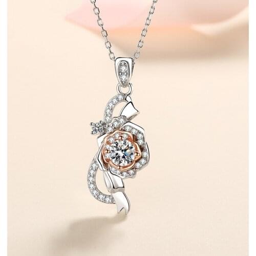 Real Silver 925 Original 0.5 Carat Brilliant Cut Diamond Test Past D Color Moissanite Romantic Flower Gemstone Pendant Necklace