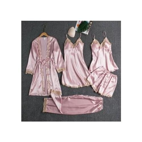 5PCS Sleepwear Female Pajamas Set Satin Pyjamamas Lace Patchwork Bridal Wedding Nightwear Rayon Home Wear Nighty&Robe Suit